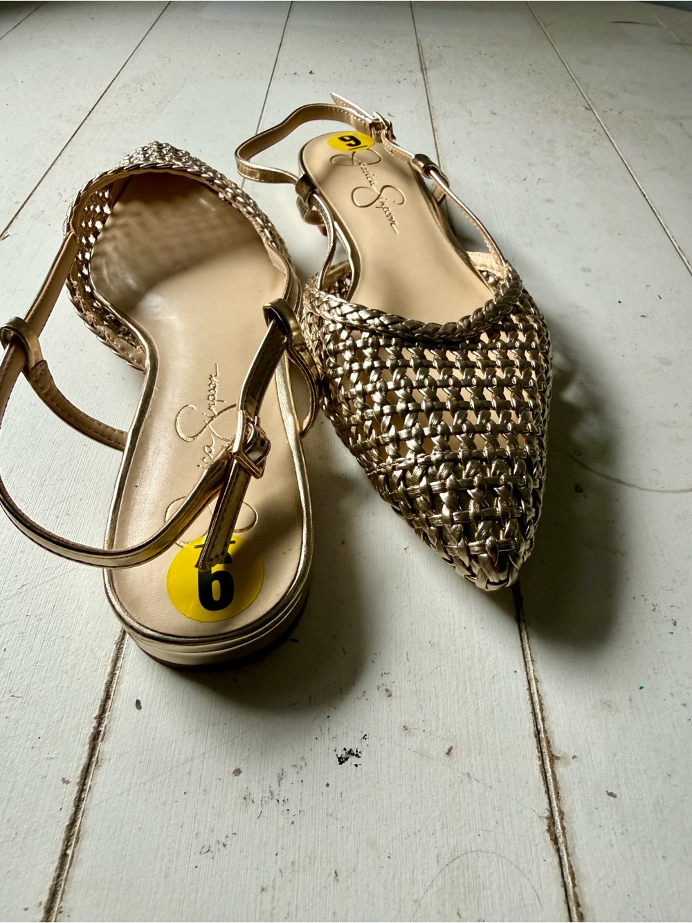Jessica Simpson Metallic Gold Woven Pointed-Toe Slingback Flats